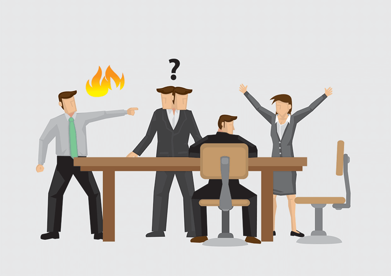 Vector illustration on different behaviors of business people during heated conflict in meeting